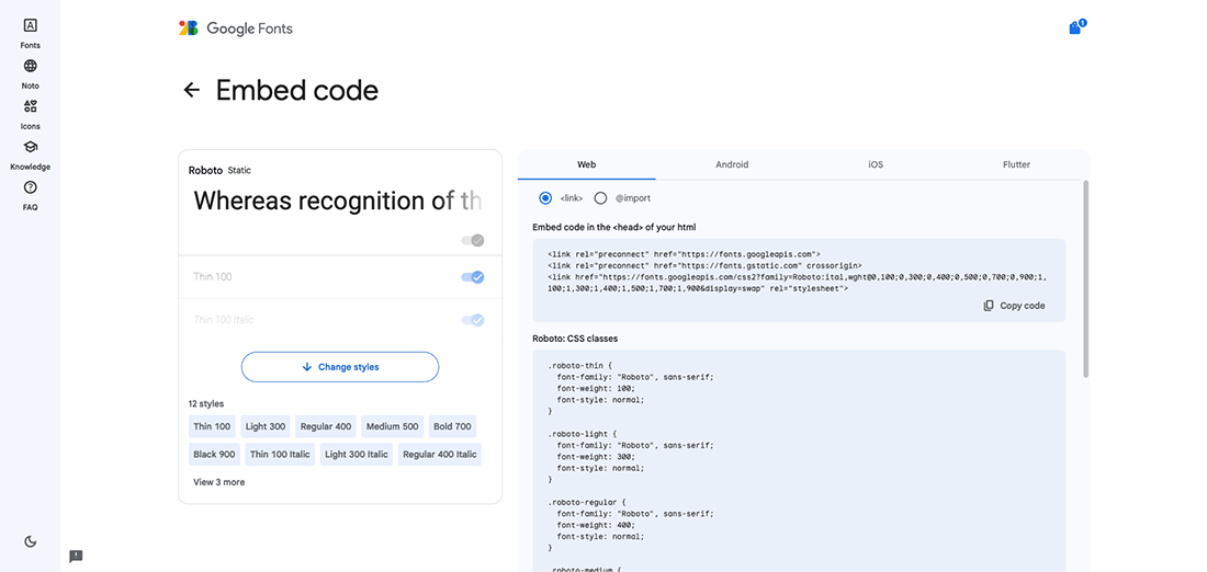 Google Fonts Roboto Embed Code Screenshot